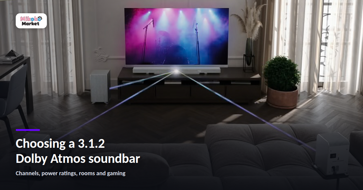 A living room with a Sharp soundbar and wireless subwoofer below a wall-mounted TV, with light beams showing sound paths to rear speakers beside the sofa.