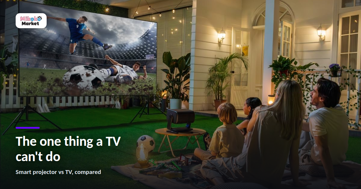 A family watching a football match on a large projected screen in a backyard at night, with a Dangbei projector on a low table beside them.