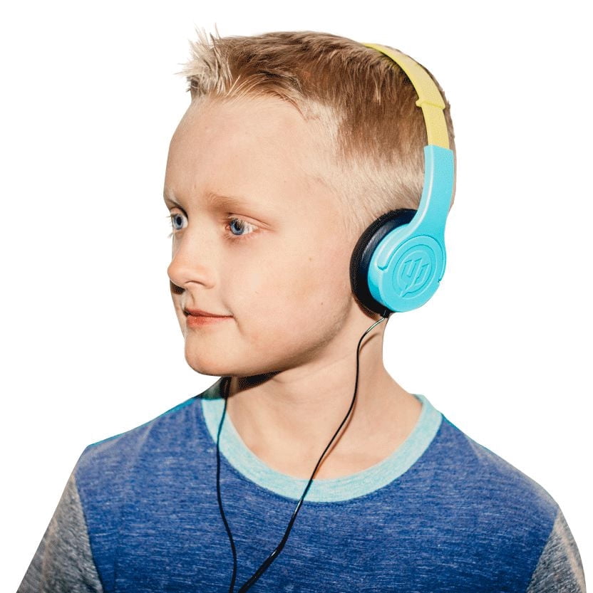 Boy wearing Wicked Audio Rad Rascal Sky Blue and Slime headphones