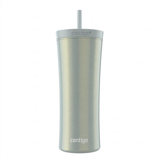 Hero shot of a silver Contigo 20 oz tumbler with straw, macaroon color.