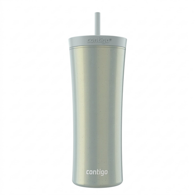 Hero shot of a silver Contigo 20 oz tumbler with straw, macaroon color.