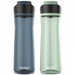 A pure high-resolution hero shot of two Contigo Ashland water bottles, one blueberry and one agave, centered on a crisp white background, as seen in image_0.png.