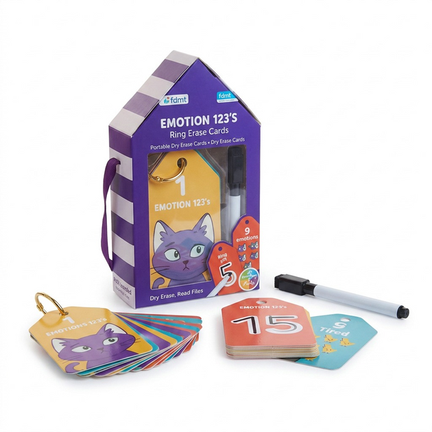 A high-resolution, centered view of the open fdmt Emotions 123 game box and contents against a white background.