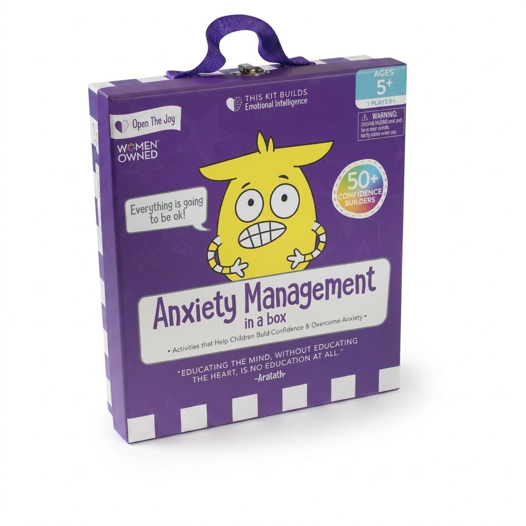 A high-resolution, pure white background product shot of the Open The Joy Anxiety Management in a Box, showing the purple packaging with all original text and logos, including the character and carry handle.