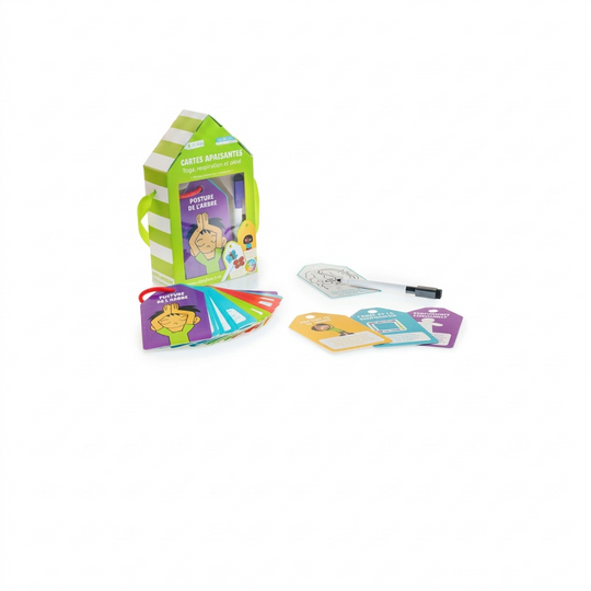 fdmt Cartes apaisantes (MPN: 4404000) yoga and breathing activity set on white.