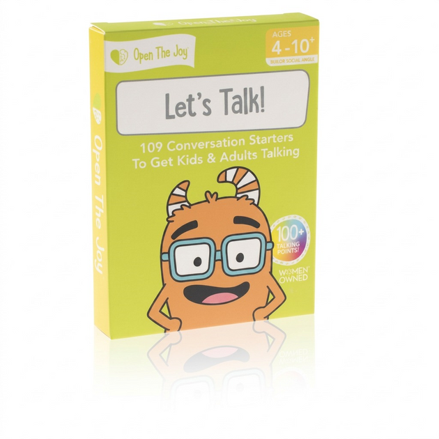 Hero shot of fdmt Open The Joy Let's Talk! conversation cards box on a white background.