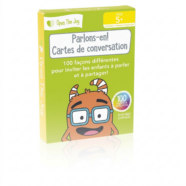 A sharp, high-resolution hero shot of the 'Parlons-en!' conversation cards box on a pure white background.