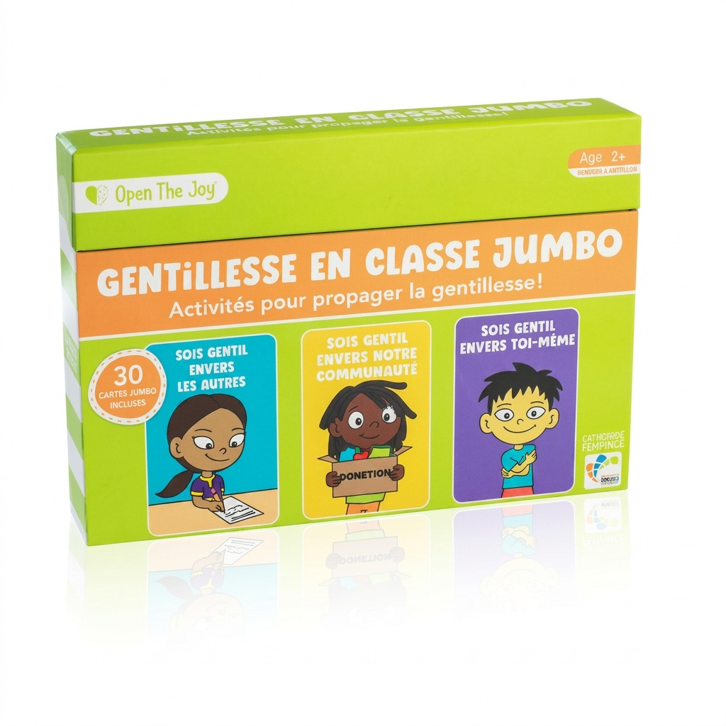 Open The Joy French jumbo-sized 'Gentillesse en Classe' activities cards in vibrant classroom-themed packaging.