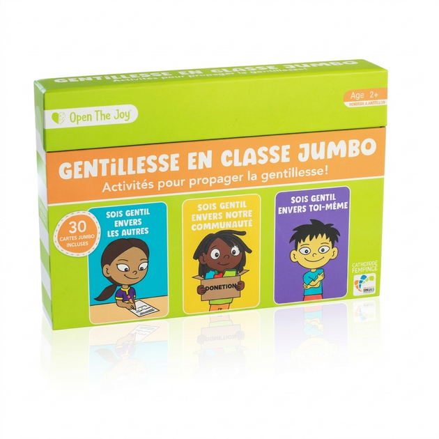 Open The Joy French jumbo-sized 'Gentillesse en Classe' activities cards in vibrant classroom-themed packaging.