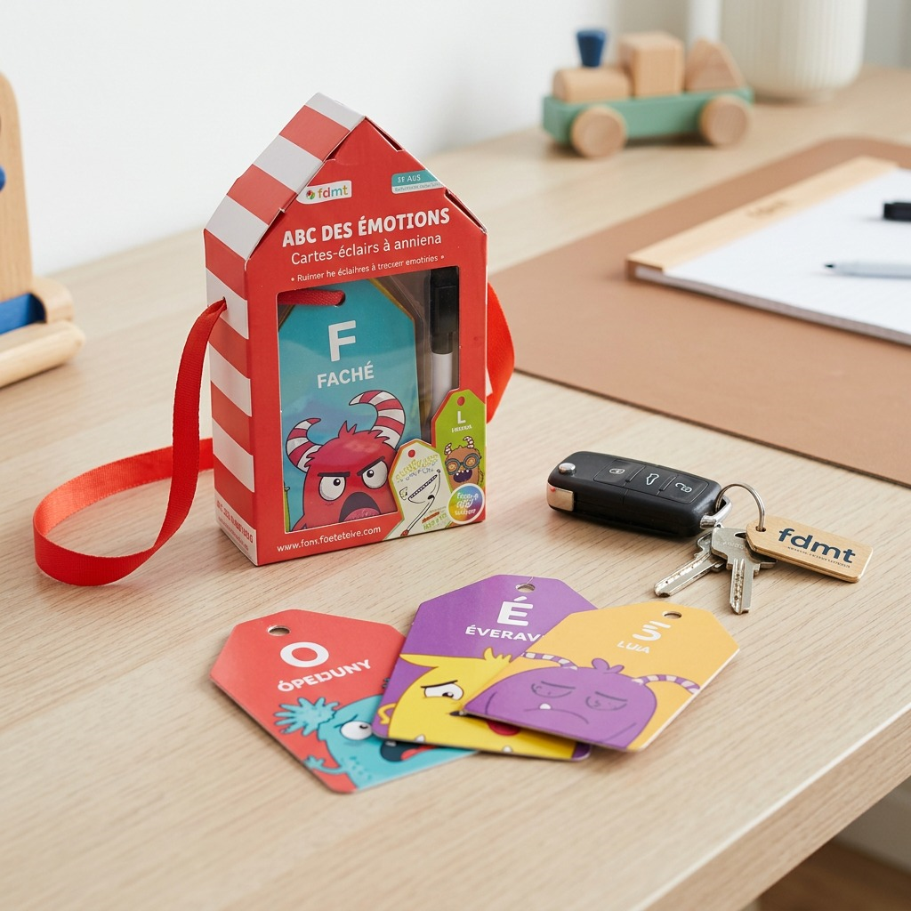 A house-shaped red and white flashcard set next to a set of keys with an fdmt tag on a desk for scale.