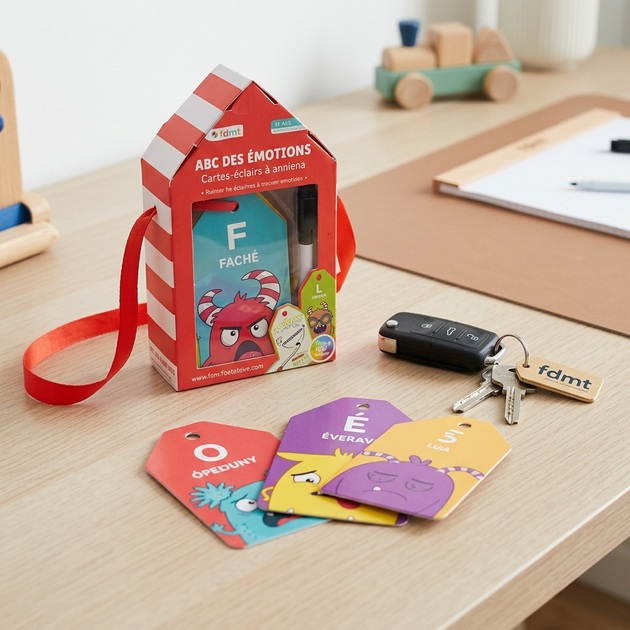 A house-shaped red and white flashcard set next to a set of keys with an fdmt tag on a desk for scale.