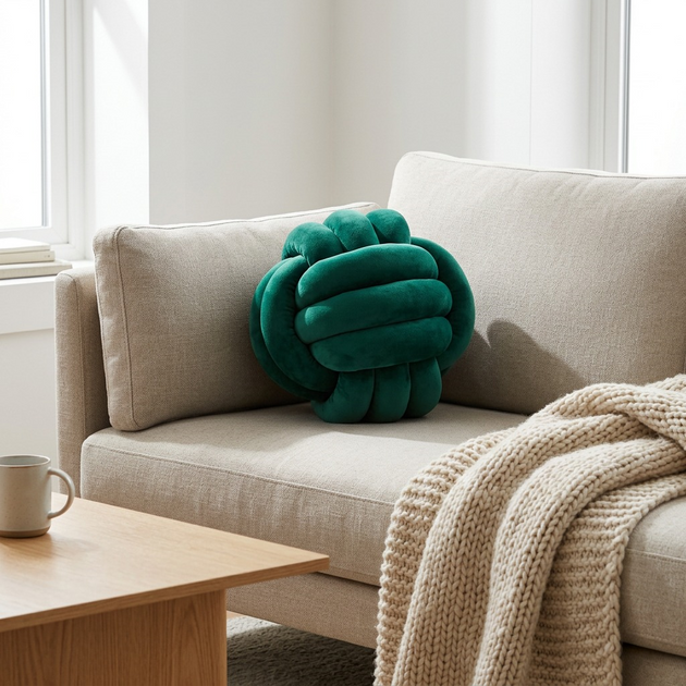 A lifestyle photo shows the fdmt Cuddle Ball - Emerald on a neutral sofa with a woven throw.