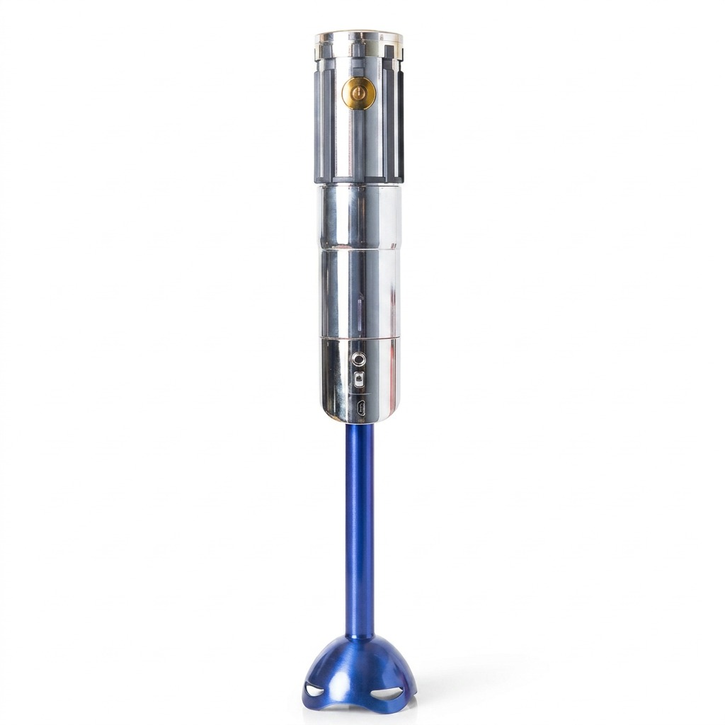 Uncanny Brands Anakin Lightsaber Hand Blender featuring a silver hilt handle and blue immersion shaft.