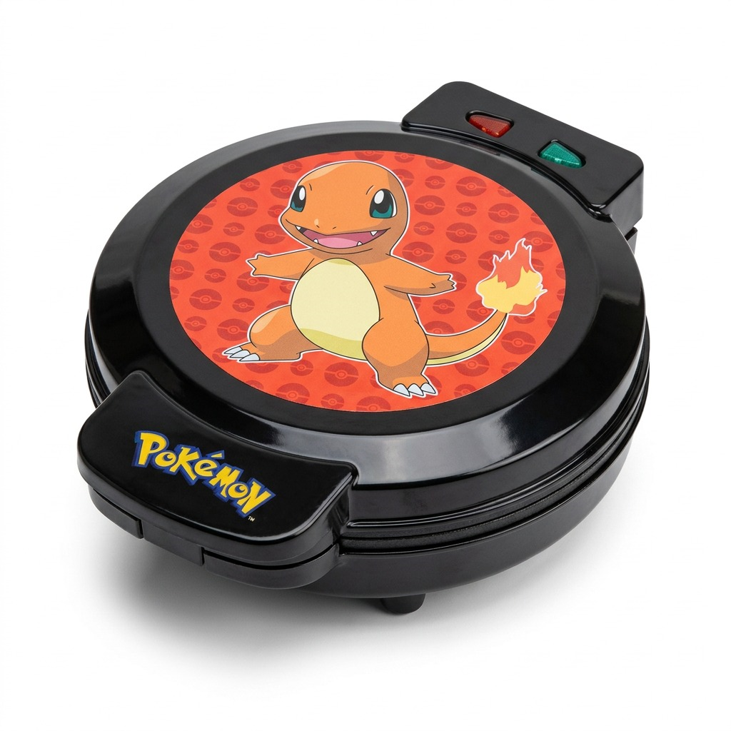 Uncanny Brands Pokémon Charmander Waffle Maker featuring a glossy black finish and character art.