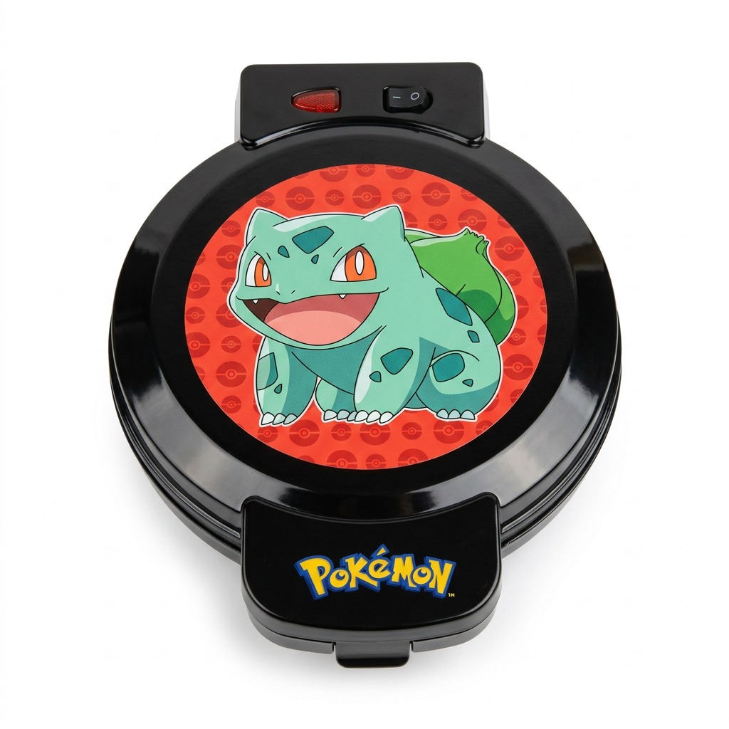 Uncanny Brands Pokémon Bulbasaur waffle maker with a black non-stick lid and colorful character art.