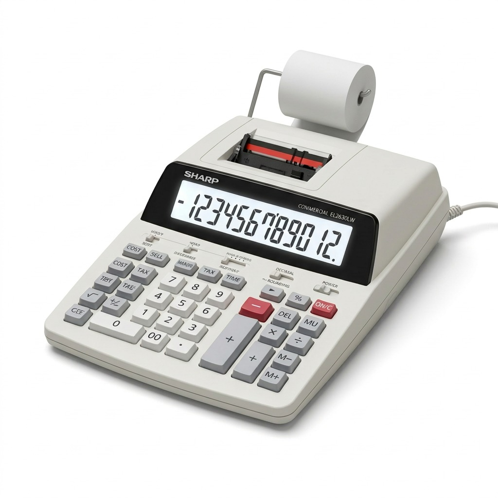 A crisp, pure-white-background commercial hero photograph of the SHARP EL2630LW 12-Digit Commercial Printing Calculator.