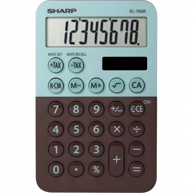 A high-resolution, centered view of the SHARP EL-760RBMT Mint Chocolate 8-digit calculator on a pure white background.