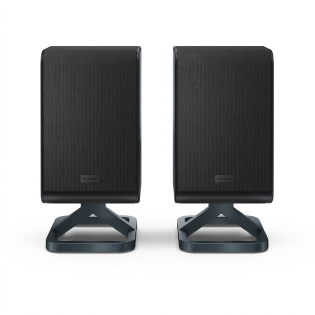 Sharp HT-SPR52021-BK 2.0.2 channel wireless rear surround speakers in black, front view on integrated stands.