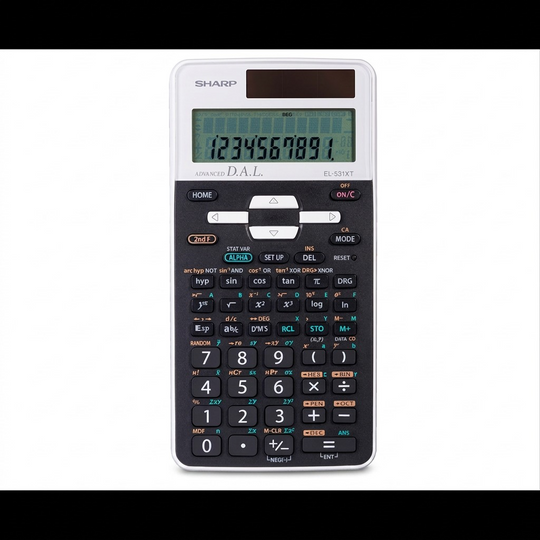 High-resolution pure white backdrop hero shot of the SHARP EL531XTWH mathematical scientific calculator.