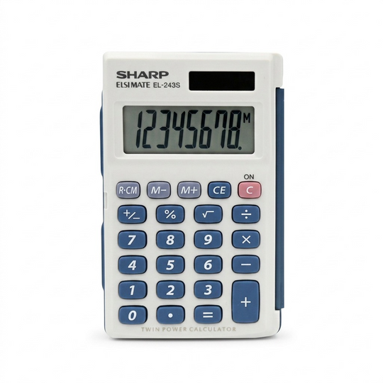 A high-resolution primary product shot of the white and blue Sharp EL243S calculator on a pure white background.