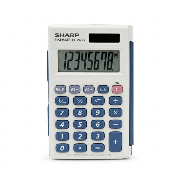 A high-resolution primary product shot of the white and blue Sharp EL243S calculator on a pure white background.