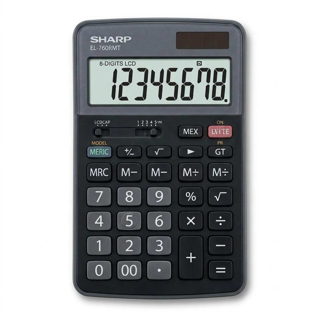 High-resolution hero shot of the Sharp EL-760RMT desktop calculator with full display showing 12345678.