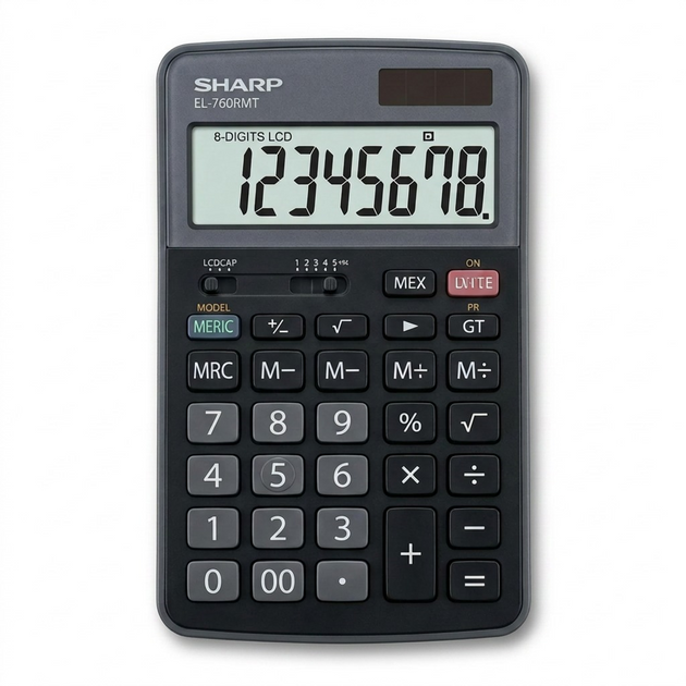 High-resolution hero shot of the Sharp EL-760RMT desktop calculator with full display showing 12345678.