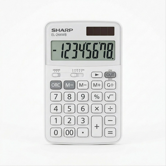 A high-resolution, centered view of the SHARP EL-244WB 8-Digit calculator with accurate details and clear display.