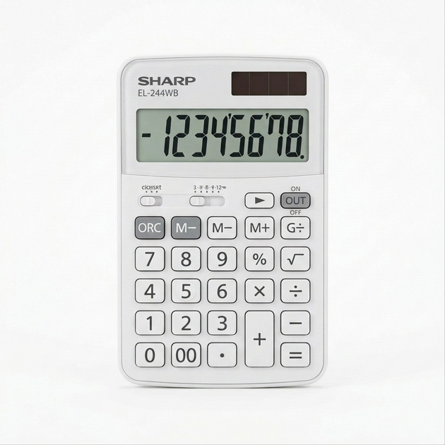 A high-resolution, centered view of the SHARP EL-244WB 8-Digit calculator with accurate details and clear display.
