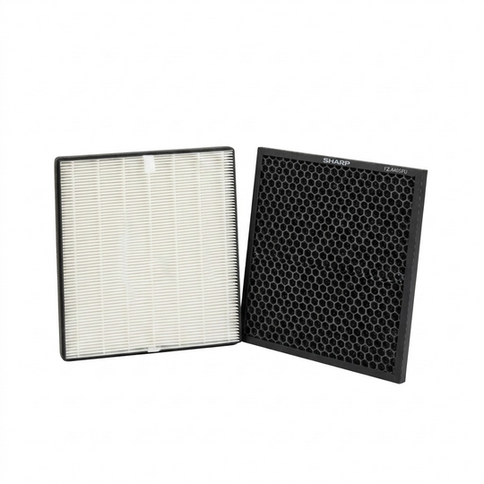 A pristine, two-filter kit of genuine SHARP FZ-A40SFU true HEPA and deodorizing filters on a pure white background.