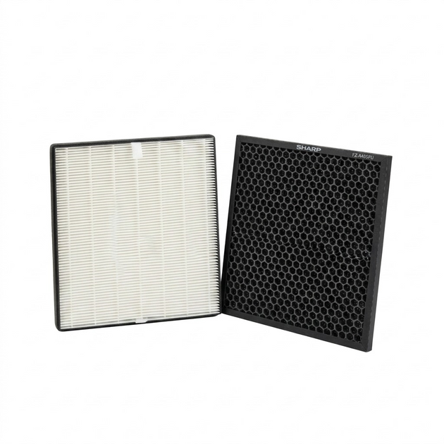 A pristine, two-filter kit of genuine SHARP FZ-A40SFU true HEPA and deodorizing filters on a pure white background.