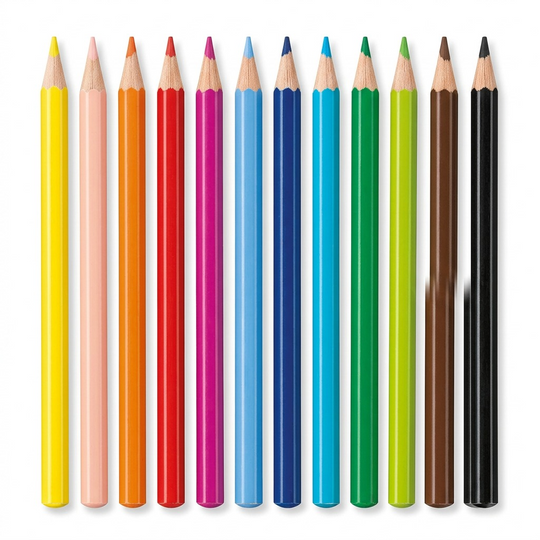 Clean hero shot of 12 triangular colored pencils in a specific color order on white background.