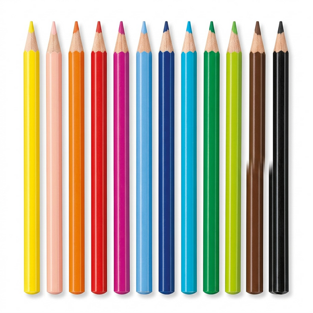 Clean hero shot of 12 triangular colored pencils in a specific color order on white background.