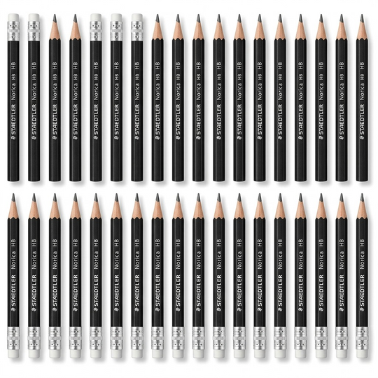 A high-resolution product shot of 24 black STAEDTLER Norica HB wood-cased pencils with erasers.