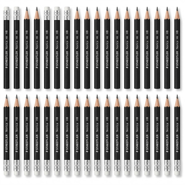 A high-resolution product shot of 24 black STAEDTLER Norica HB wood-cased pencils with erasers.
