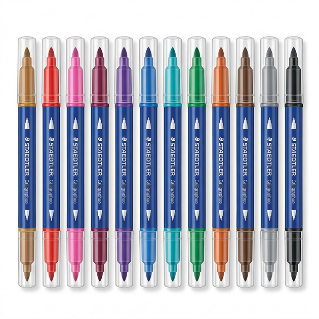 Pack of 12 multi-color STAEDTLER double-ended calligraphy markers.