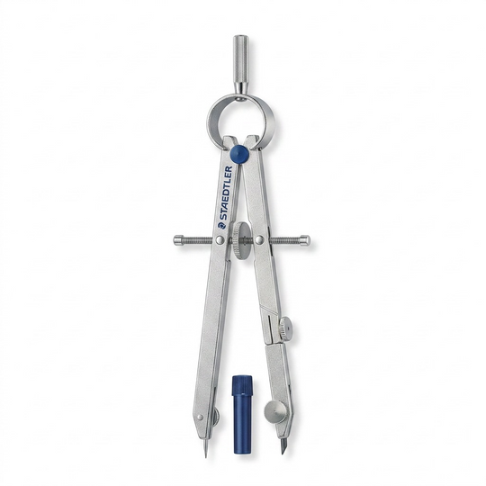 A high-resolution ecommerce hero shot of the STAEDTLER bow compass and lead tube against a pure white background.