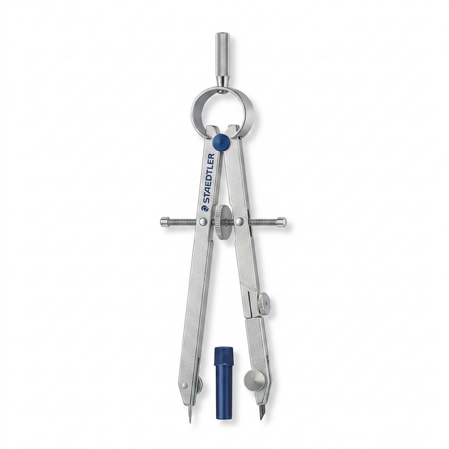 A high-resolution ecommerce hero shot of the STAEDTLER bow compass and lead tube against a pure white background.
