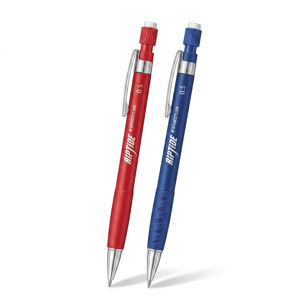 A high-resolution product shot of two STAEDTLER RIPTIDE 0.5mm mechanical pencils (one blue, one red) centered on a pure white background.