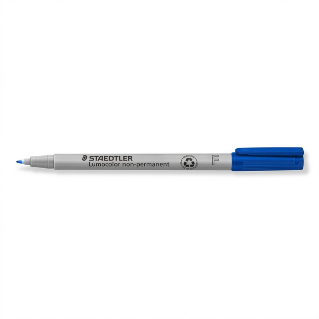A high-resolution ecommerce hero shot of a single blue STAEDTLER Lumocolor non-permanent marker.
