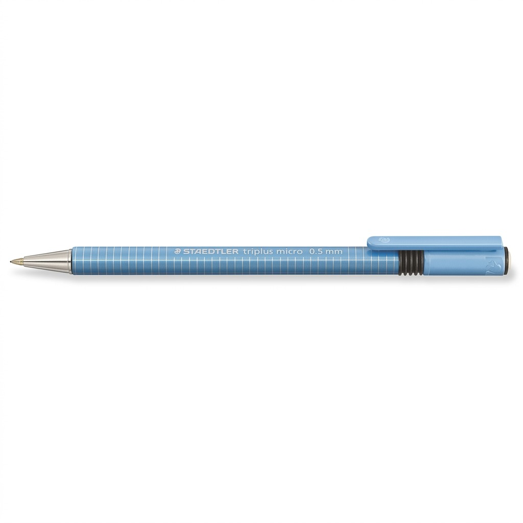 A horizontal, clean product shot of the STAEDTLER Triplus Micro 0.5mm mechanical pencil. The light blue pen feature silver tip, and white grid lines and branding.