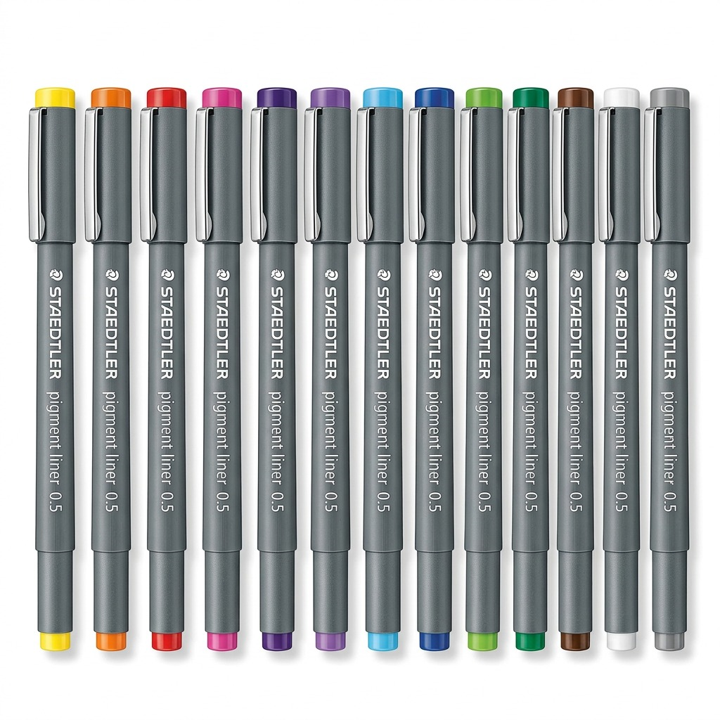 Hero shot: set of 12 STAEDTLER Pigment Liner 0.5 mm in assorted colors, out of packaging.