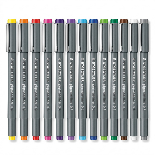 Hero shot: set of 12 STAEDTLER Pigment Liner 0.5 mm in assorted colors, out of packaging.