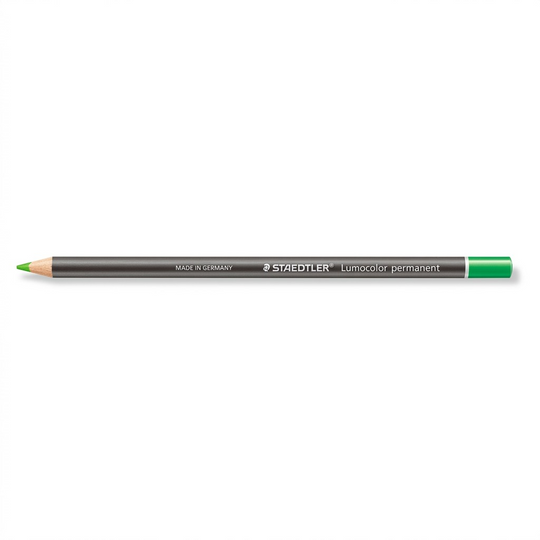 Hero shot of a single green STAEDTLER Lumocolor permanent glasochrom waterproof dry marker, viewed horizontally on a white background.