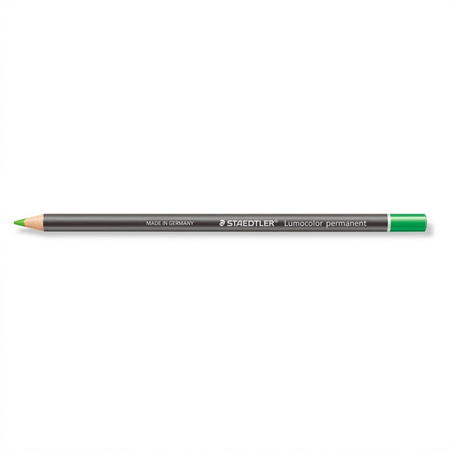 Hero shot of a single green STAEDTLER Lumocolor permanent glasochrom waterproof dry marker, viewed horizontally on a white background.