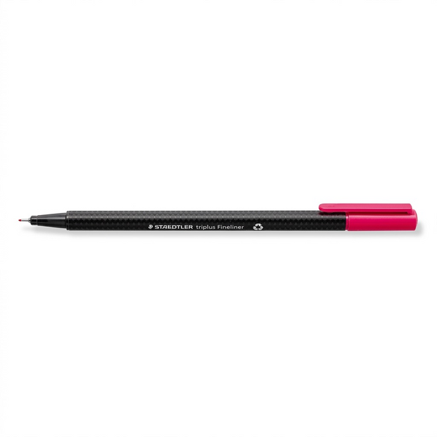 A horizontal macro-view eCommerce hero shot of the iconic black and hot-pink STAEDTLER triplus Fineliner, centered on a pure white background.