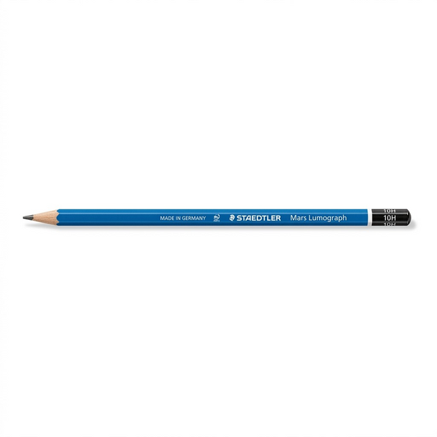 Single STAEDTLER Mars Lumograph 10H drawing pencil with iconic blue hexagonal barrel, sharpened, on white.