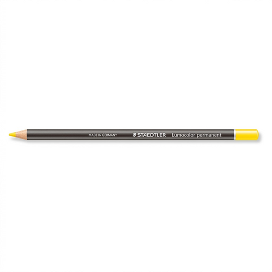 A clean, high-resolution hero shot on white, featuring the STAEDTLER Lumocolor yellow dry marker pencil.