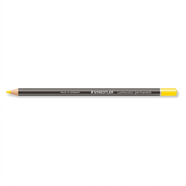 A clean, high-resolution hero shot on white, featuring the STAEDTLER Lumocolor yellow dry marker pencil.