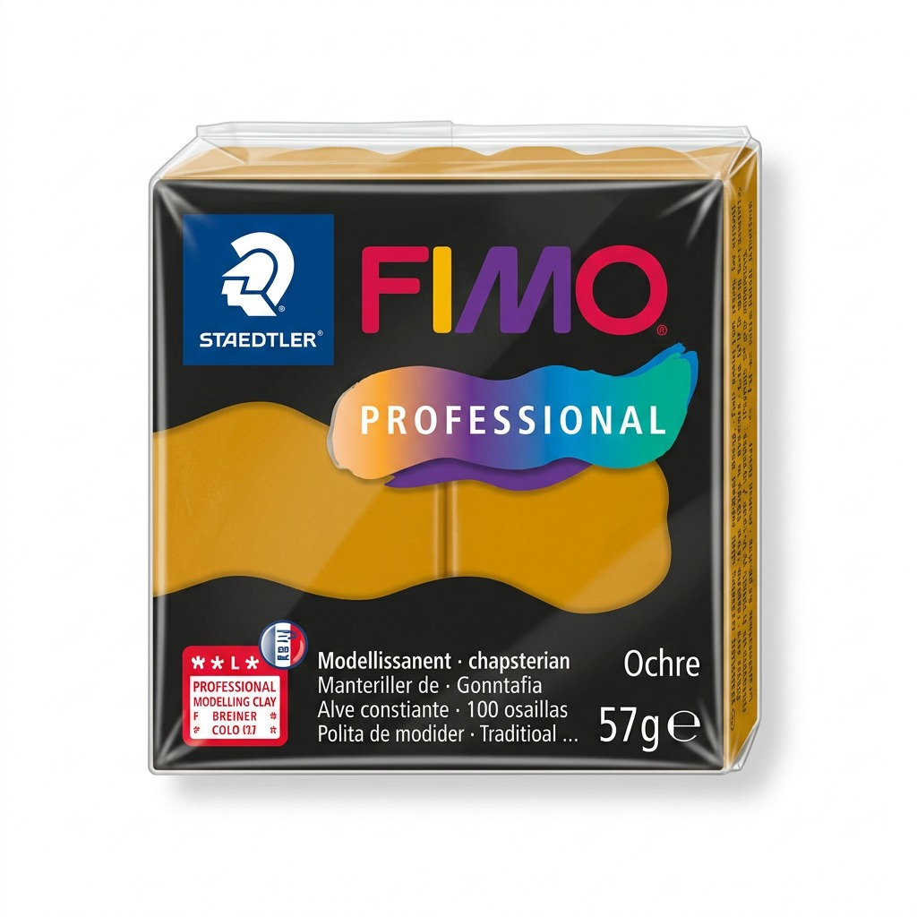High-resolution hero shot of STAEDTLER FIMO Professional Ochre modelling clay, showing its 57g bar and specific yellow-ochre color, on a pure white background.